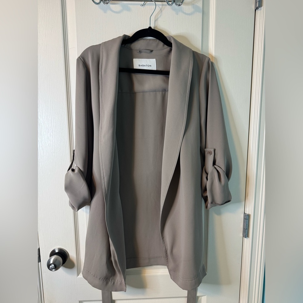 Babaton Taupe Open-Front Blazer with Roll-Tab Sleeves